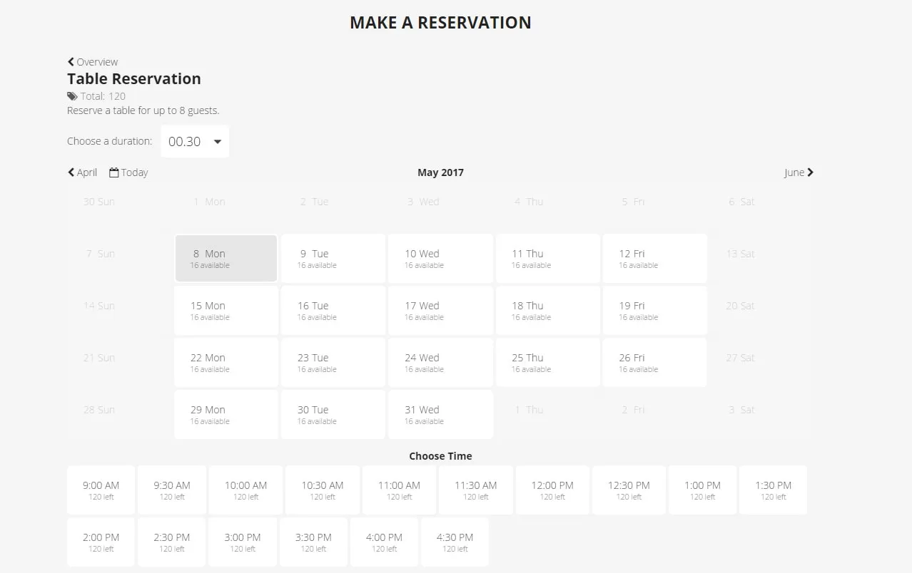 Preview of the reservation section